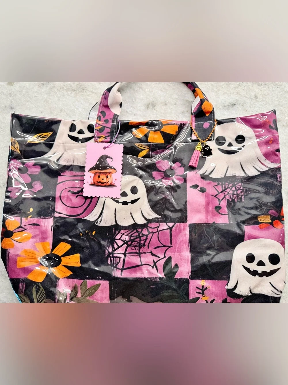 New Halloween Ghost Purple & Black Checkered PVC Handbag Purse Tote Bag 17.5x12”